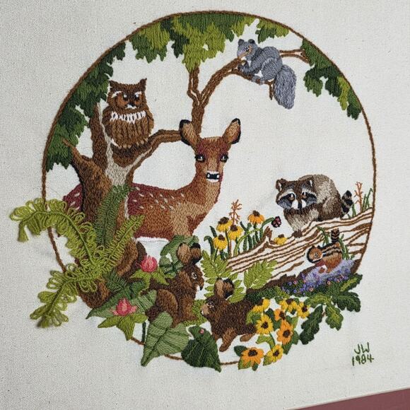 Vintage 1984 “Babes in the Wood” Needlepoint Crewel Framed Woodland Art, 21x21 - Picture 2 of 8